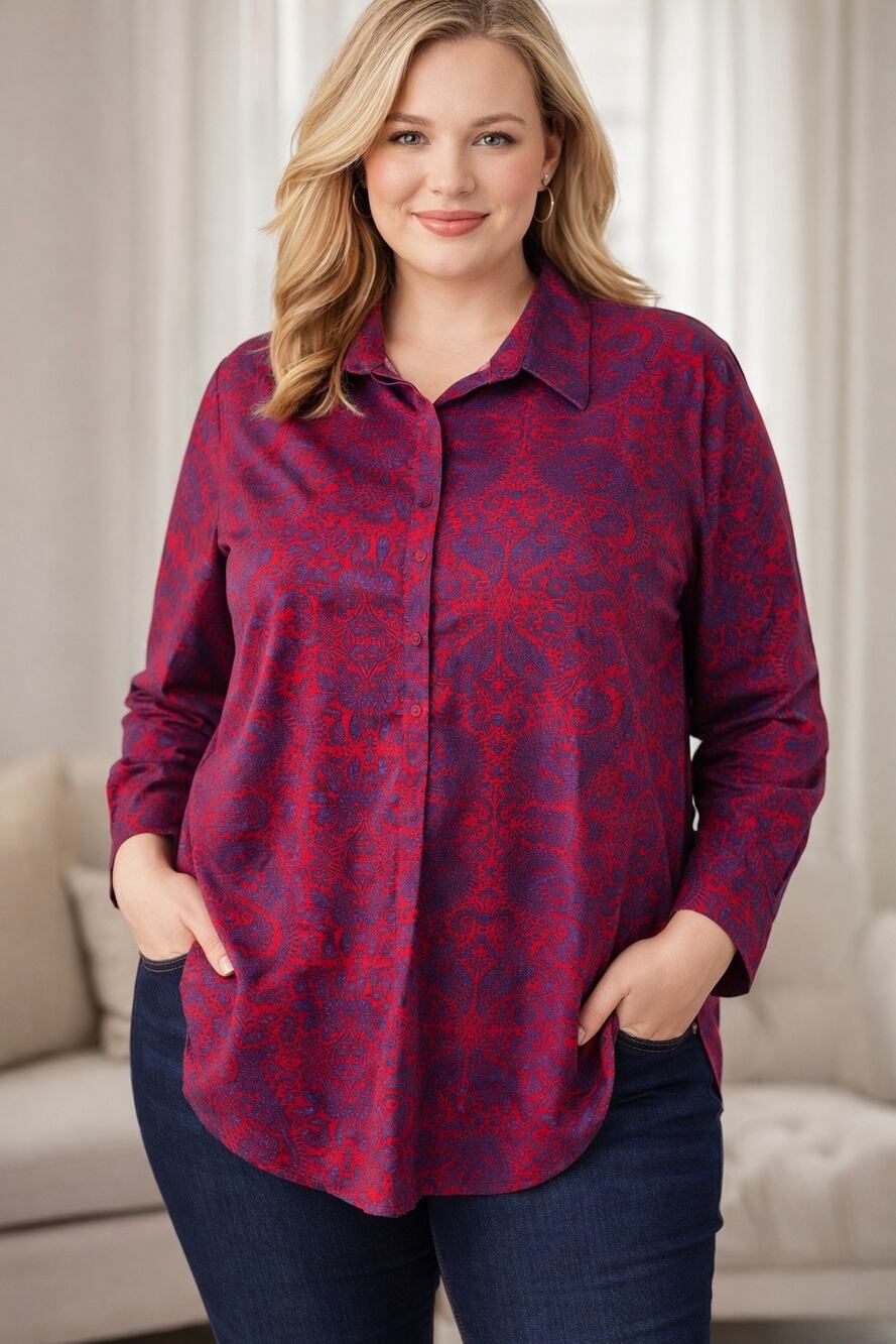 Lands End Blouse Womens 22w 2x Blue Red Paisley Popover Long Sleeve Cotton Shirt